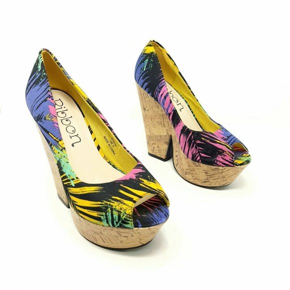 Ribbon Shoes - Ribbon Multicolour Chunky Platform Block Heels Shoes UK 5 EU 38 Peep Toe